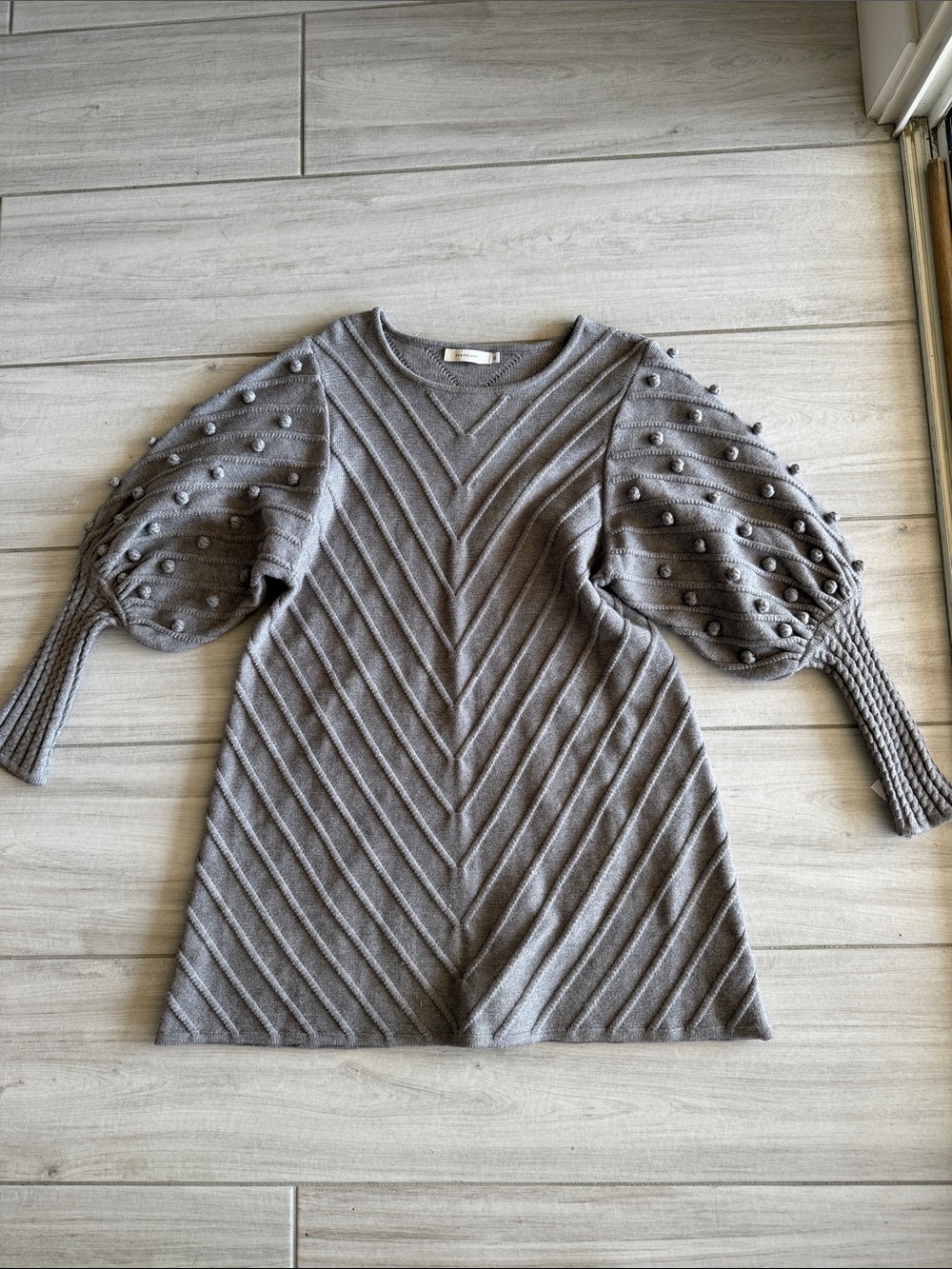 Avantlook Gray Puff Sleeve Chevron Knit Mini Sweater Dress